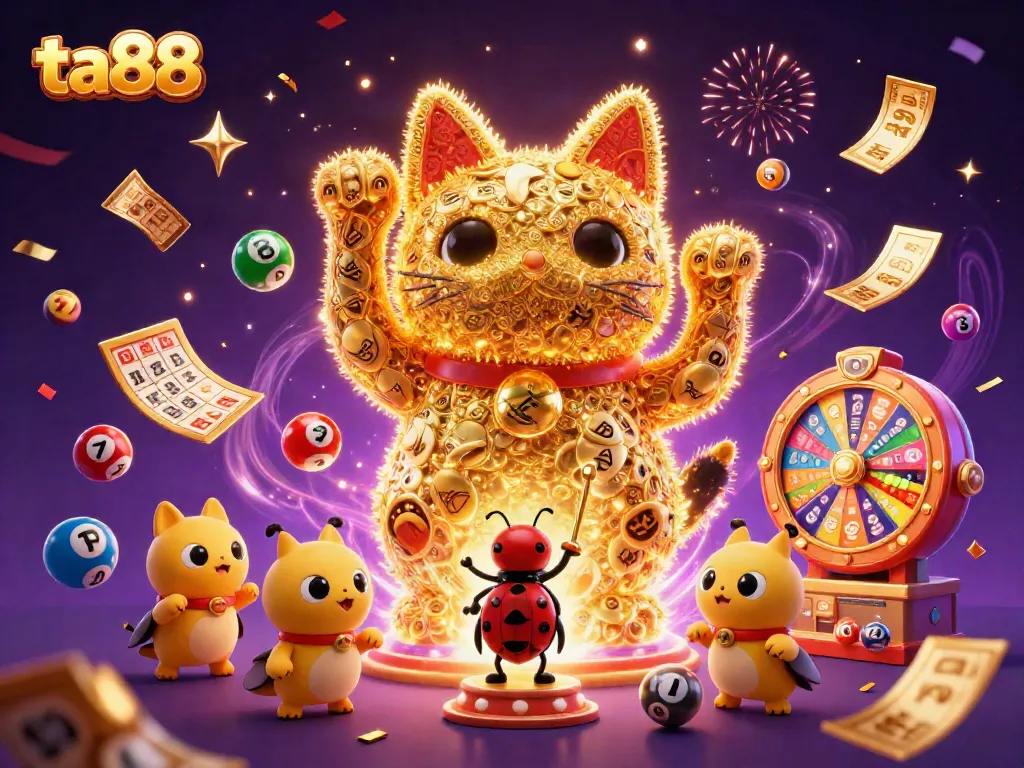 Experience thrilling wins with ta88's vibrant casino-inspired illustration of a lucky cat and dynamic game elements.