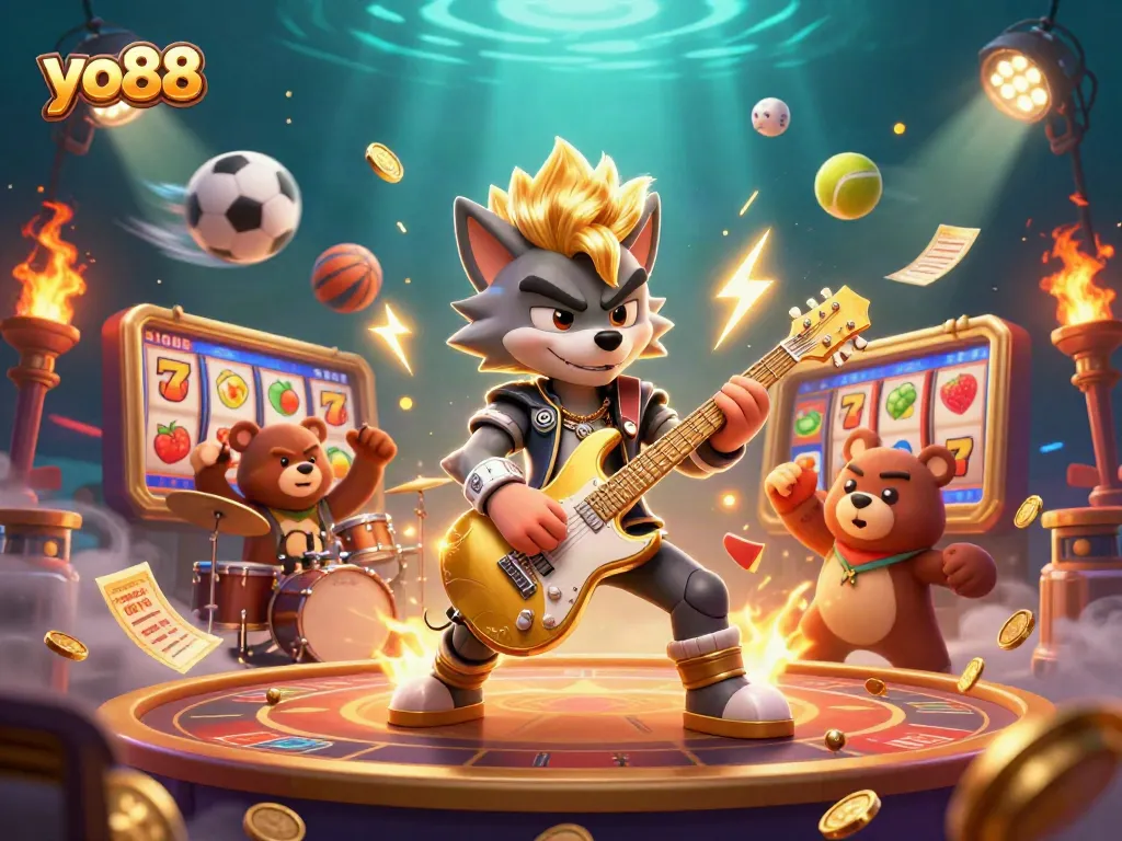Experience thrilling moments at yo88 with a cartoon wolf guitarist on stage amidst vibrant casino elements.