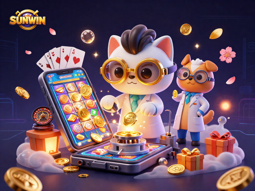 SUNWIN players enjoy a vibrant gaming atmosphere with dynamic slot games amid colorful characters.
