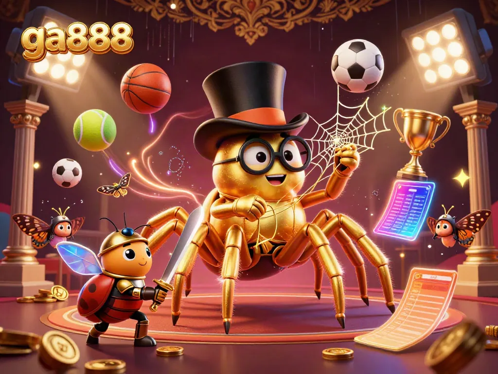 Experience the thrill of ga888 with a golden tarantula and a beetle knight amidst dynamic casino elements.