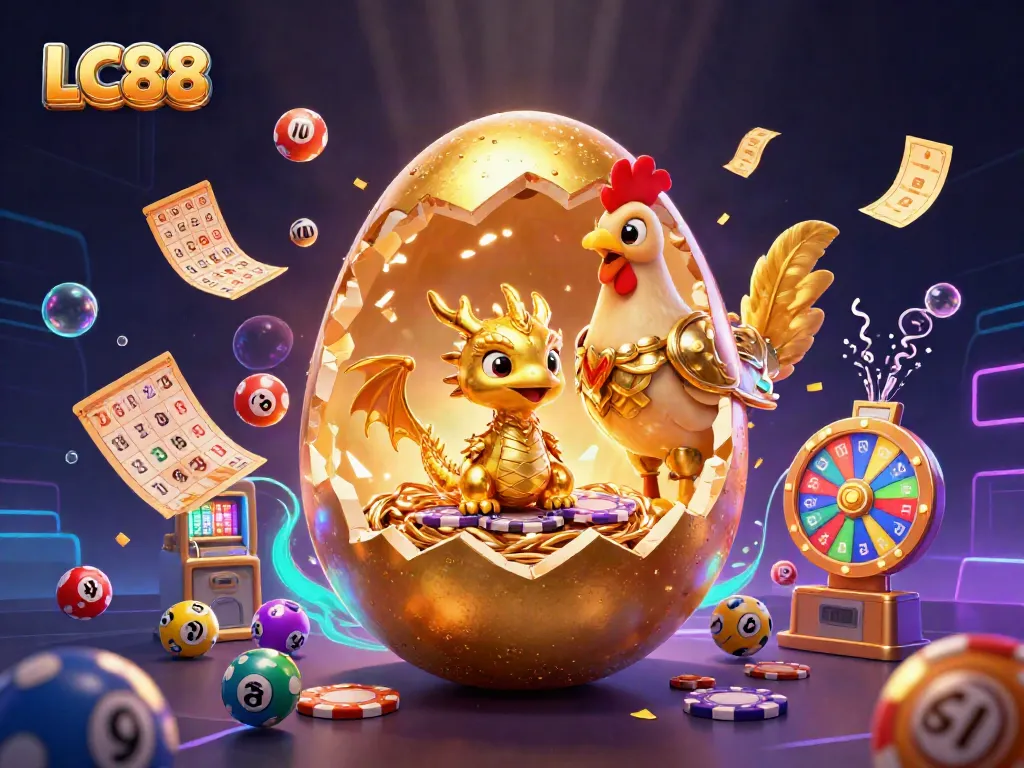 Win big with LC88 as a golden baby dragon unveils thrilling games amid vibrant casino elements.