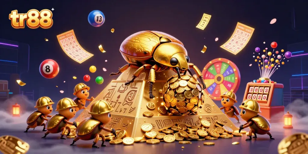 Engage in exciting games with tr 88 as golden beetles roll coins and lottery elements enrich the scene.