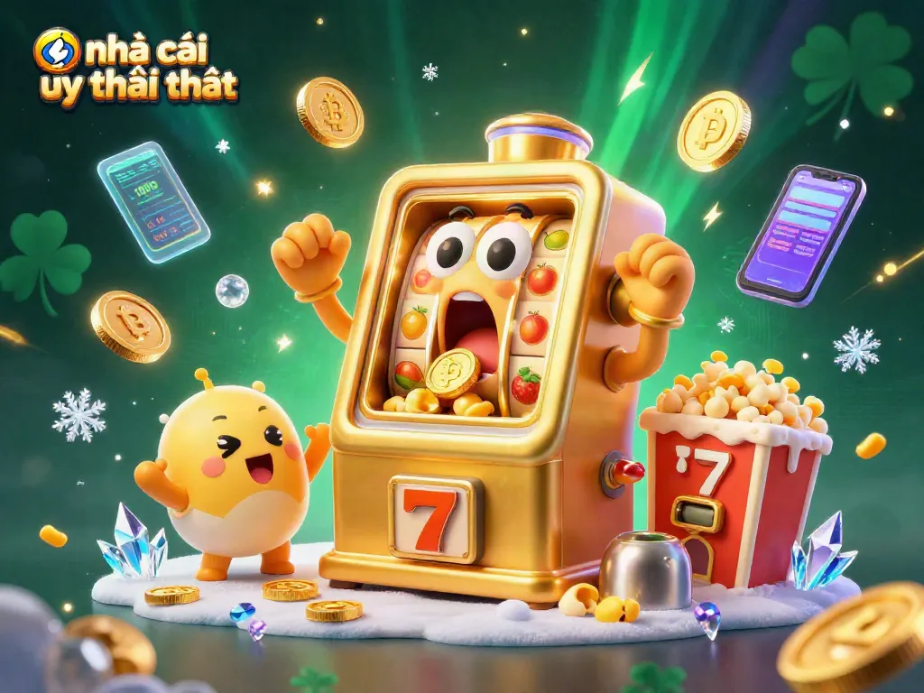 Engage with nhà cái uy tín nhất as a golden slot machine hits a jackpot while coins spill out