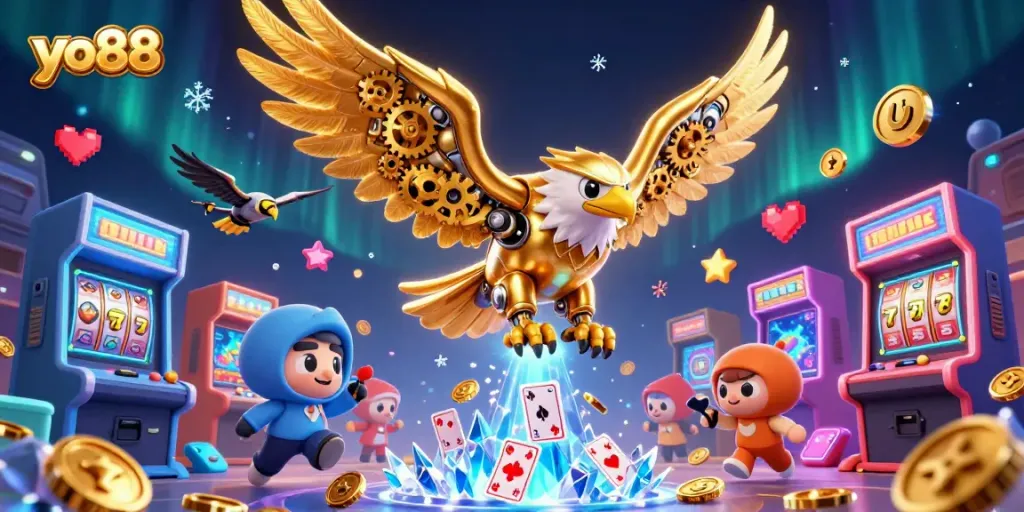 Experience thrilling moments at yo88 as a golden eagle dives through holographic cards in a casino scene.