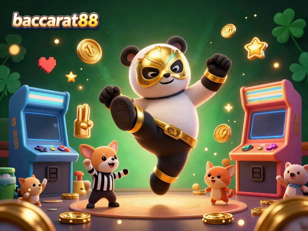 Baccarat88 showcases an exciting scene with a panda wrestler performing a kick surrounded by cheering animal spectators.