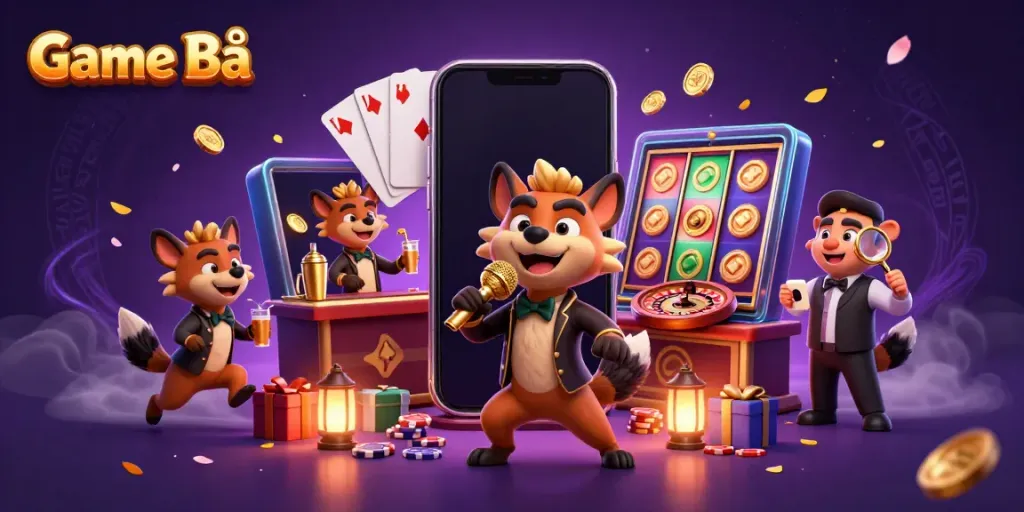 Experience the excitement of Game Bài in a vibrant casino scene with hyenas performing and playing.
