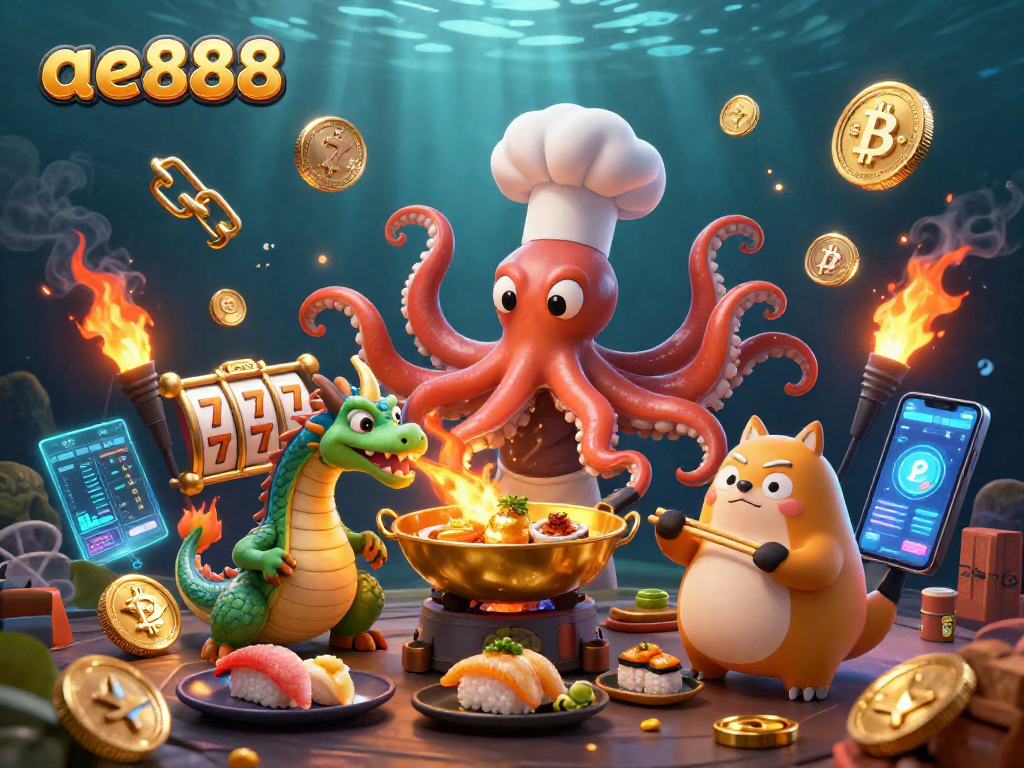 Visualize ae888 with a vibrant sushi chef octopus and a wasabi dragon in an energetic casino setting.