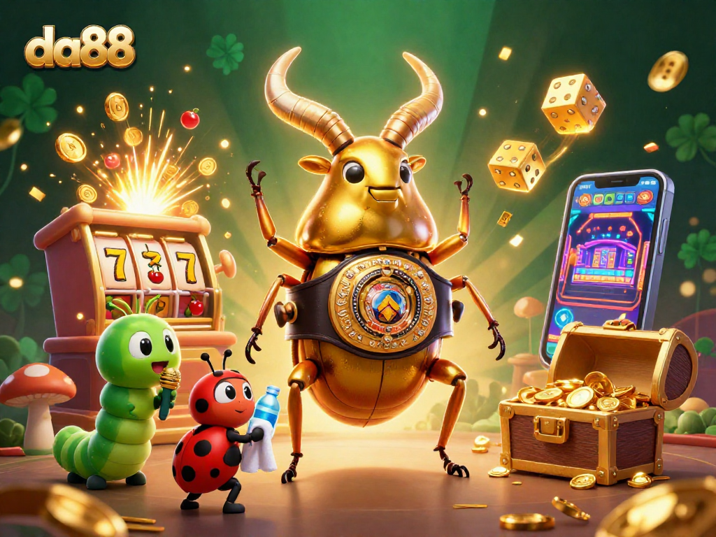 da88 slot machine jackpot scene with vibrant characters in dynamic 3D illustration