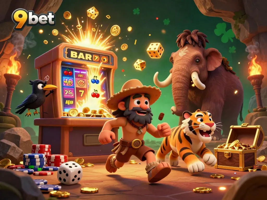 Experience the excitement of 9bet with a vibrant prehistoric casino scene featuring cartoon characters and winning games.