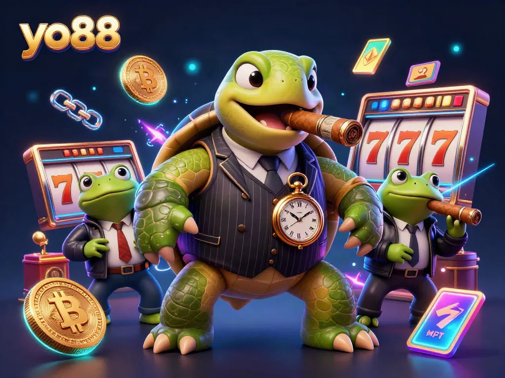 Engage in exciting gameplay at yo88 with a vibrant casino illustration featuring a mobster turtle and slots.