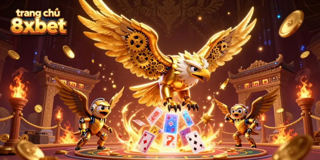 Experience the thrill of gaming at trang chủ 8xbet with a stunning 3D casino illustration featuring golden eagle and holographic cards.