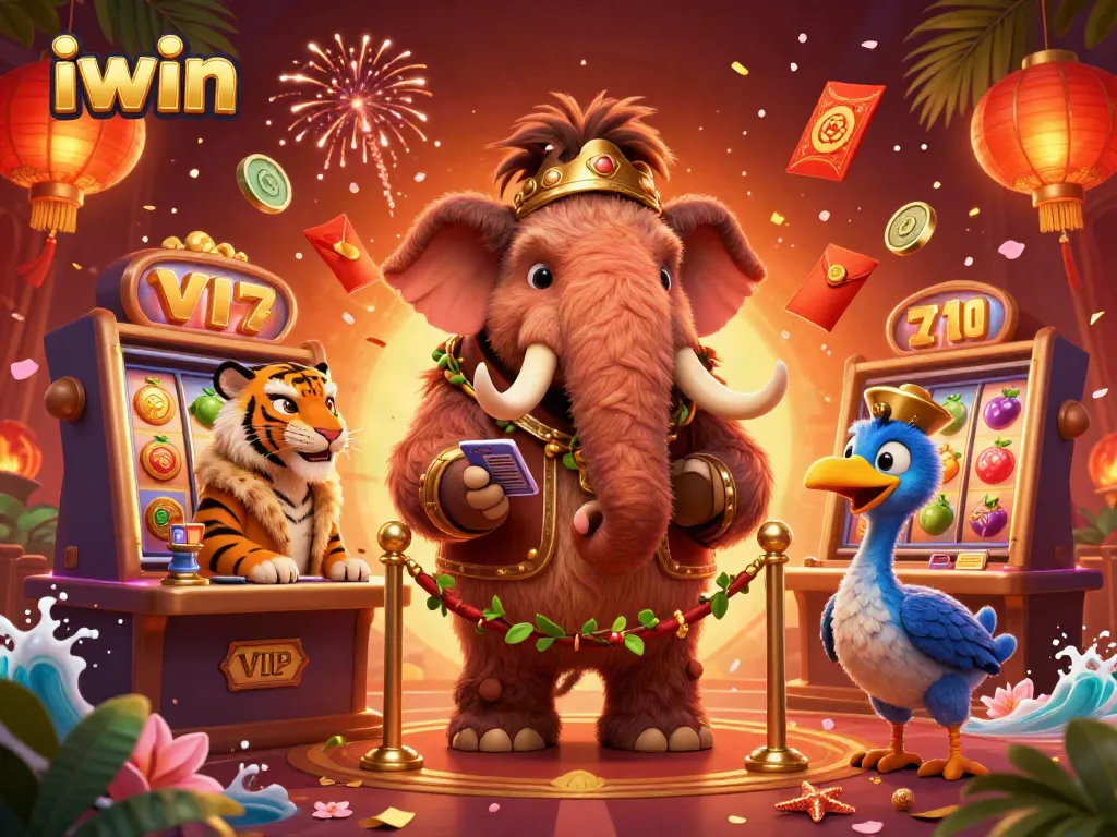 iwin's vibrant casino scene featuring a woolly mammoth bouncer, saber-tooth VIP, and dynamic slot elements.