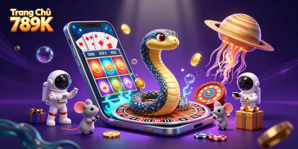 Engage in exhilarating gameplay on Trang Chủ 789K with a vibrant cosmic casino scene featuring a Saturn ring snake and astronaut mice.