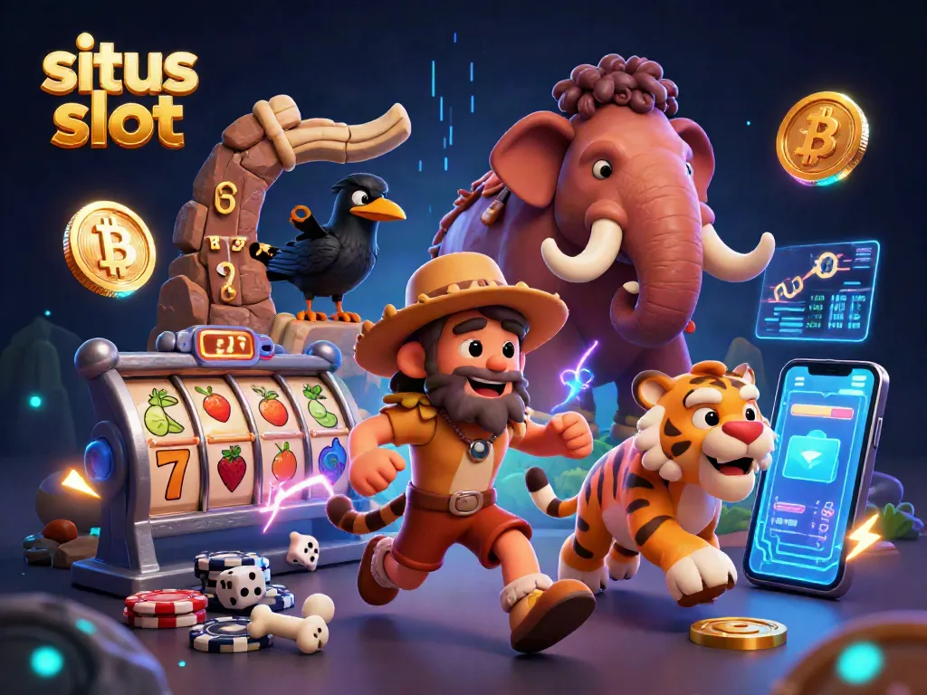 situs slot gacor illustration showcasing a prehistoric casino scene with vibrant characters and gaming elements