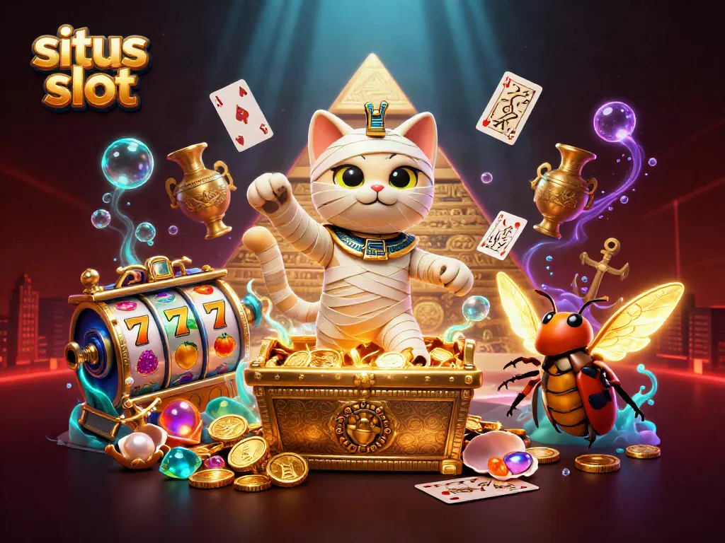 Engage with situs slot as a 3D cartoon mummy cat and scarab beetle bring slots to life in a lively themed casino.