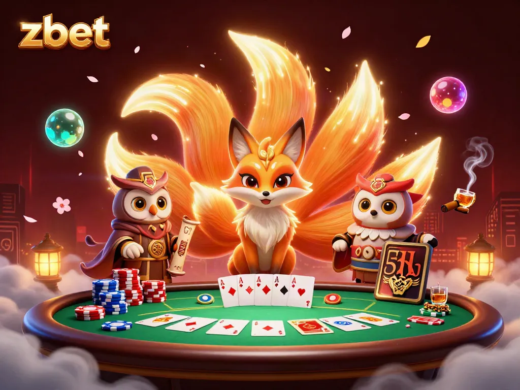 Play thrilling casino games with zbet, featuring a vibrant nine-tailed fox and colorful poker elements.