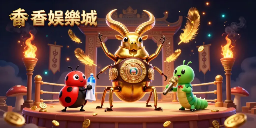Experience thrilling action with 香港娛樂城, featuring a golden stag beetle boxing champion in a vibrant 3D illustration.