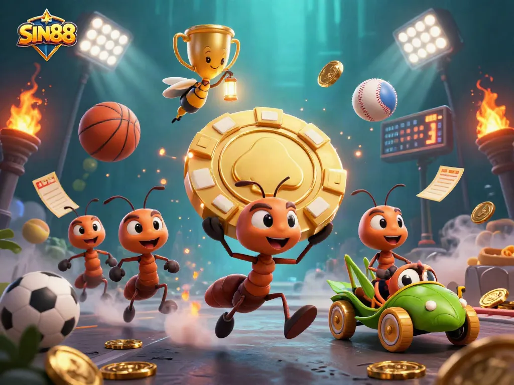 Engage with SIN88 as playful ants transport a giant poker chip amidst dynamic sports elements.