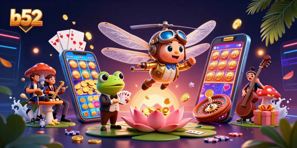 Experience the excitement of b52 casino gaming with a dragonfly pilot and frog croupier illustration.