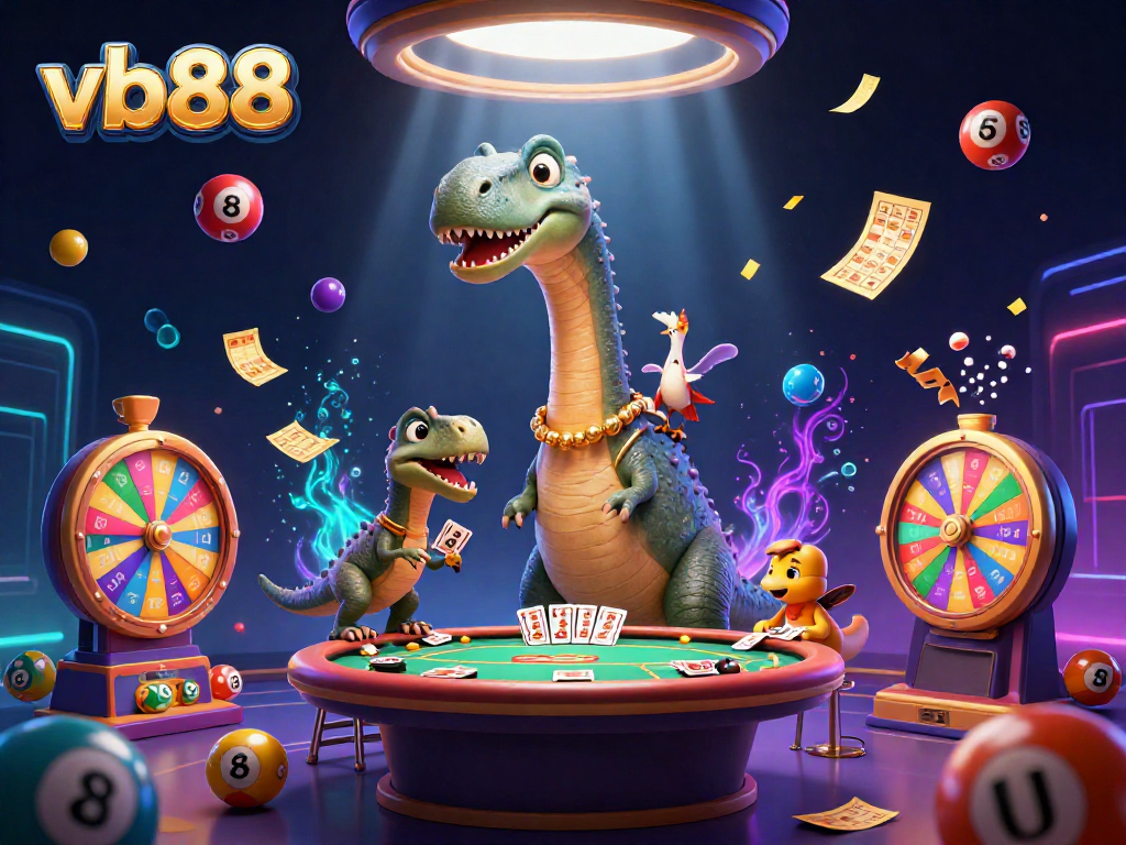 Play exciting games with vb88's colorful elements and engaging characters in a vibrant casino scene.