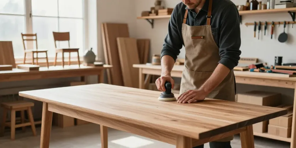 Artisan working on kayu77 wooden furniture in a cozy workshop.