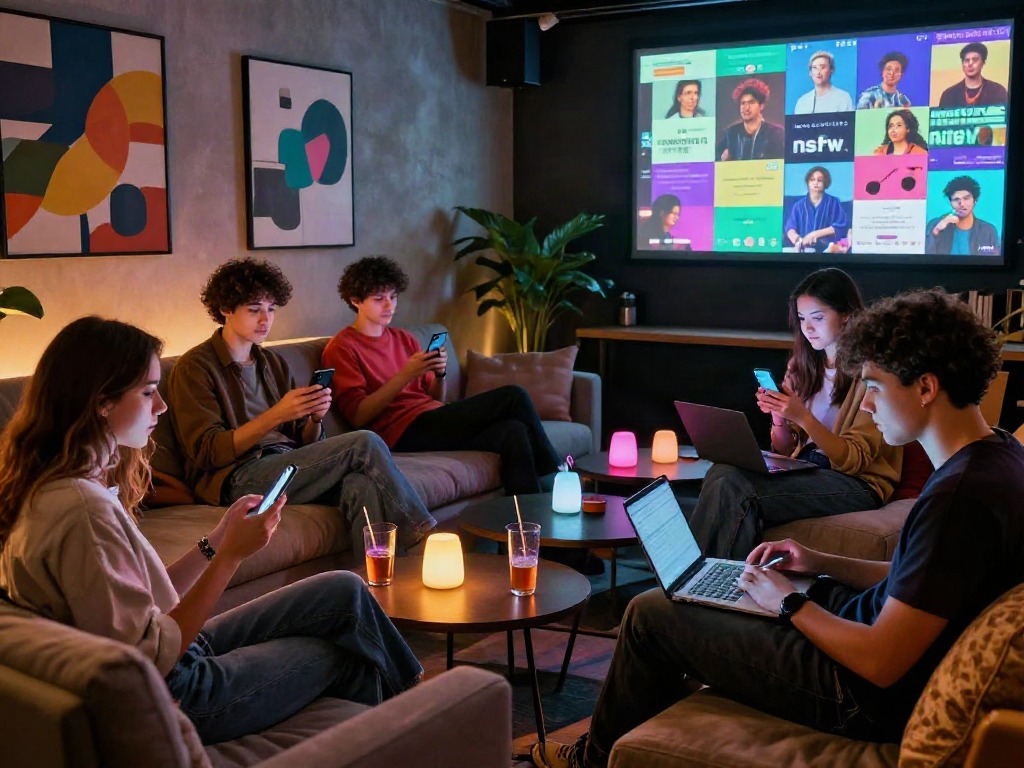 Group of friends engaging in lively nsfw chat in a stylish digital lounge.