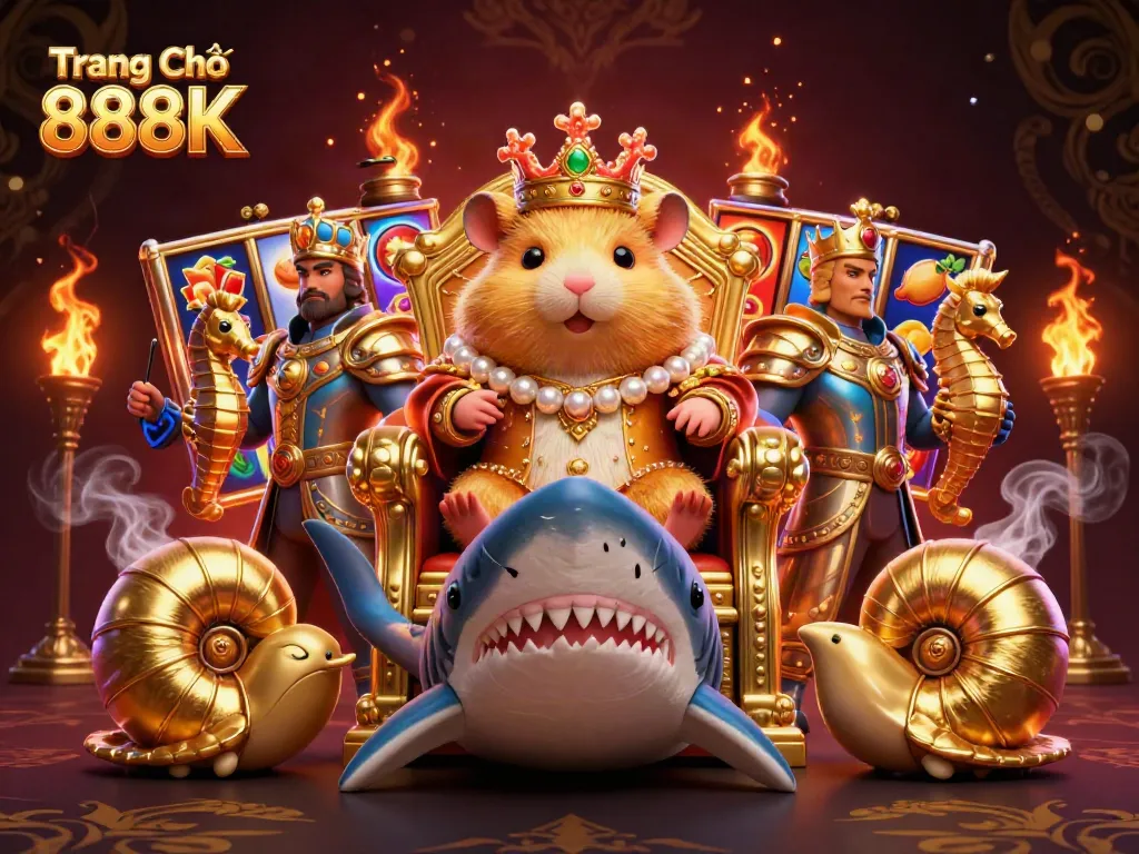 Experience excitement at Trang Chủ 888K with a golden hamster king and casino elements in this 3D illustration.
