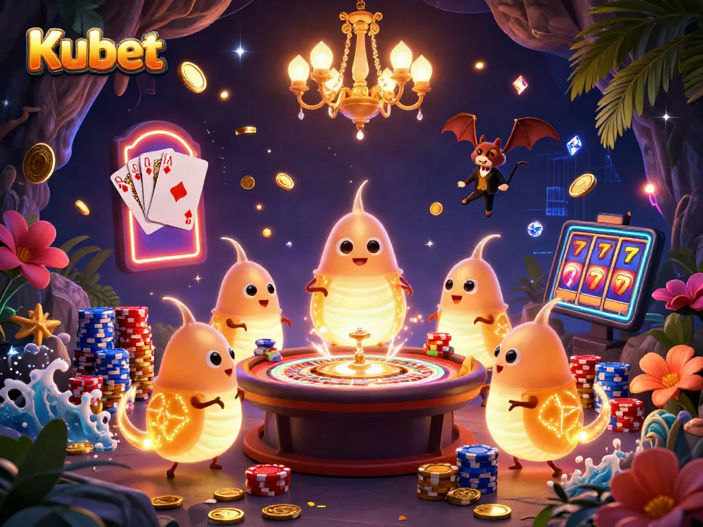 Kubet shines in a vibrant cave casino with glowworms illuminating the scene while sparkling gems and coins cascade around.