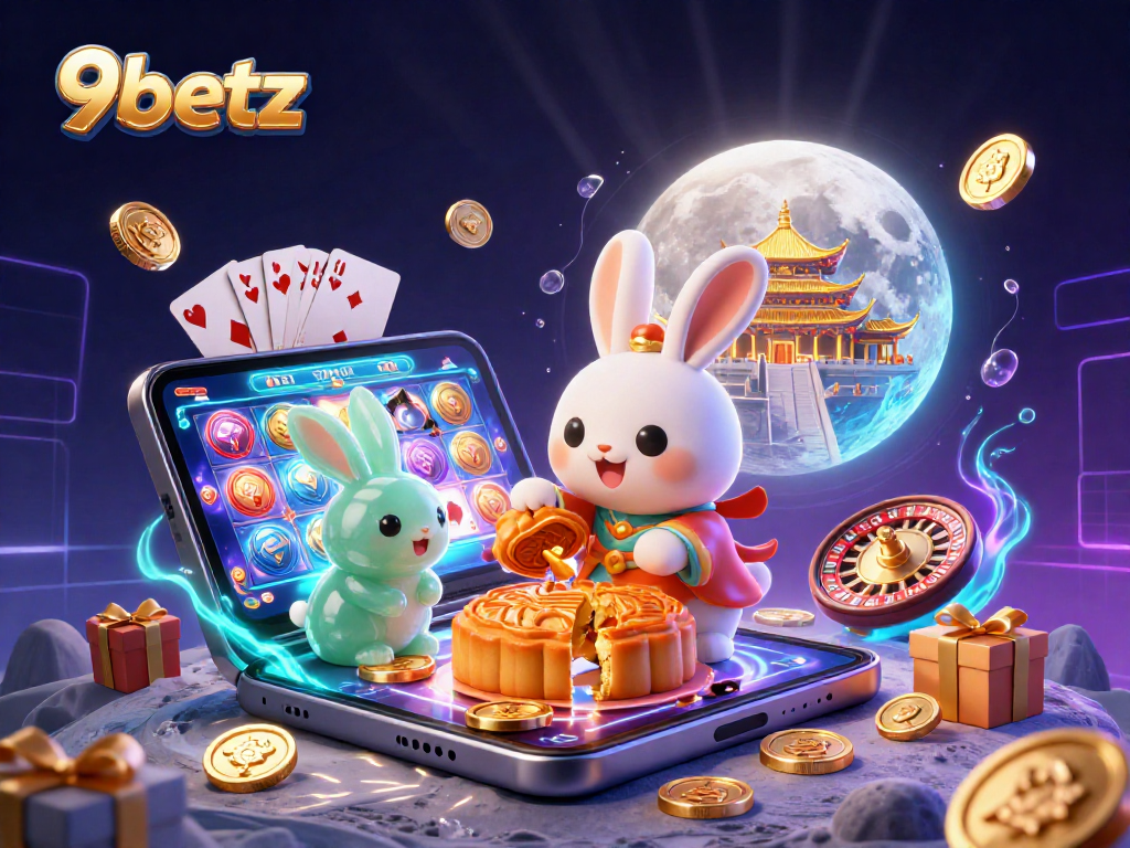 9betz showcases a lively scene with a lunar rabbit and casino elements amid vibrant gaming excitement.