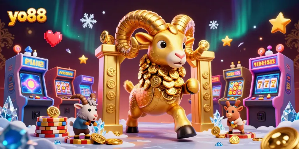 Win big at yo88 with our 3D scene featuring vibrant slots, shimmering coins, and engaging game elements.
