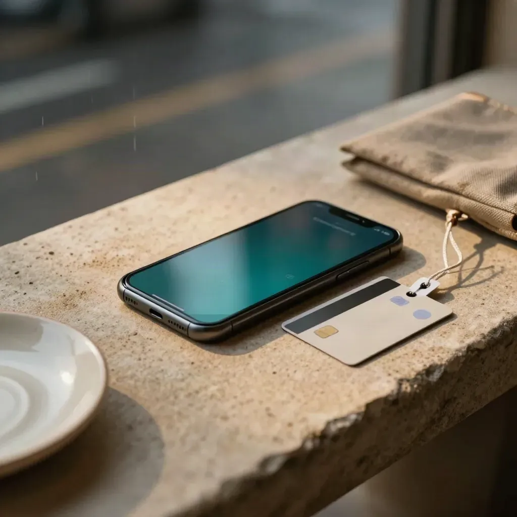 Smartfon z potwierdzeniem płatności obok karty, portfela i spodeczka na kamiennej półce.