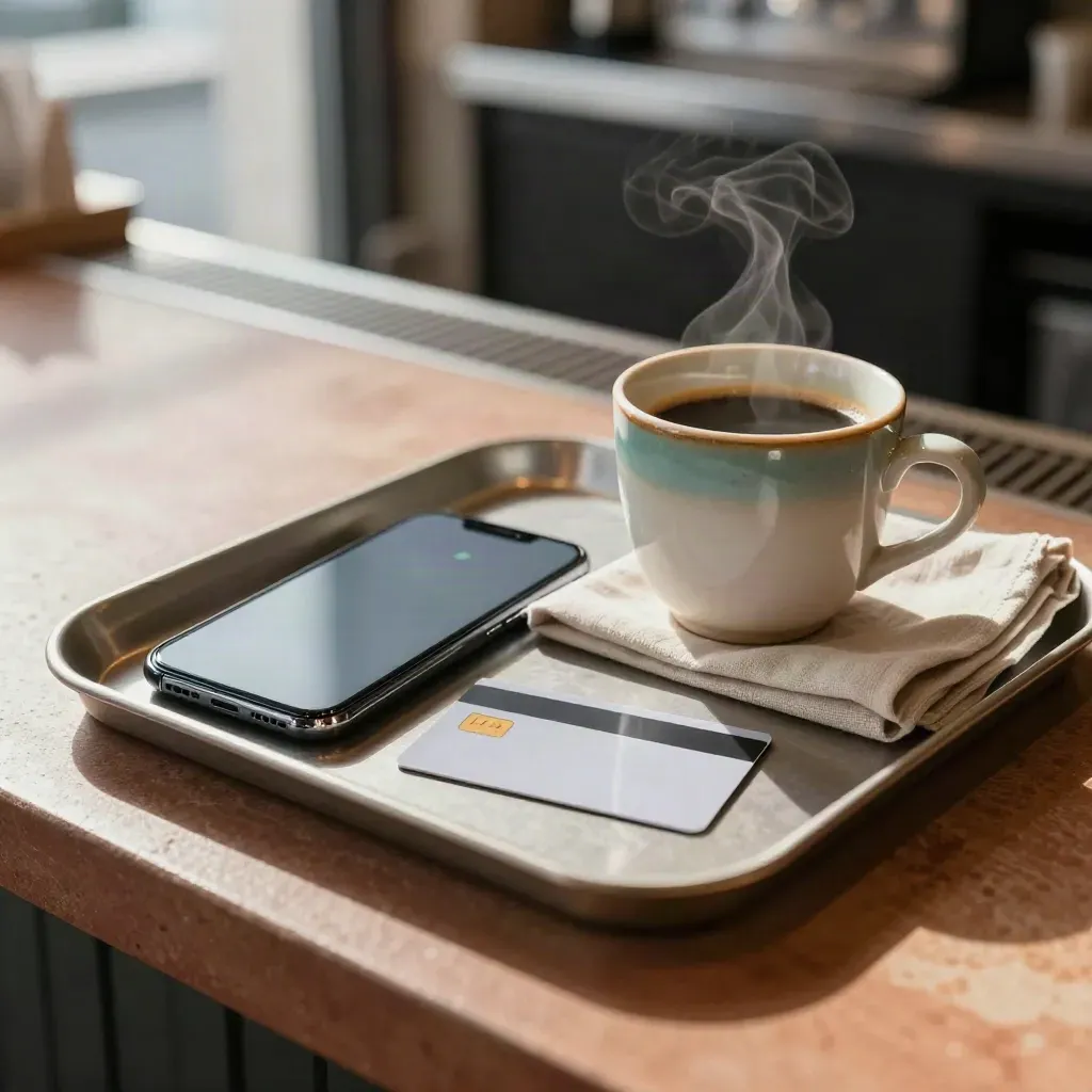 Smartfon, karta i paczka na tacy w kawiarni, z parą kawy i kubkiem