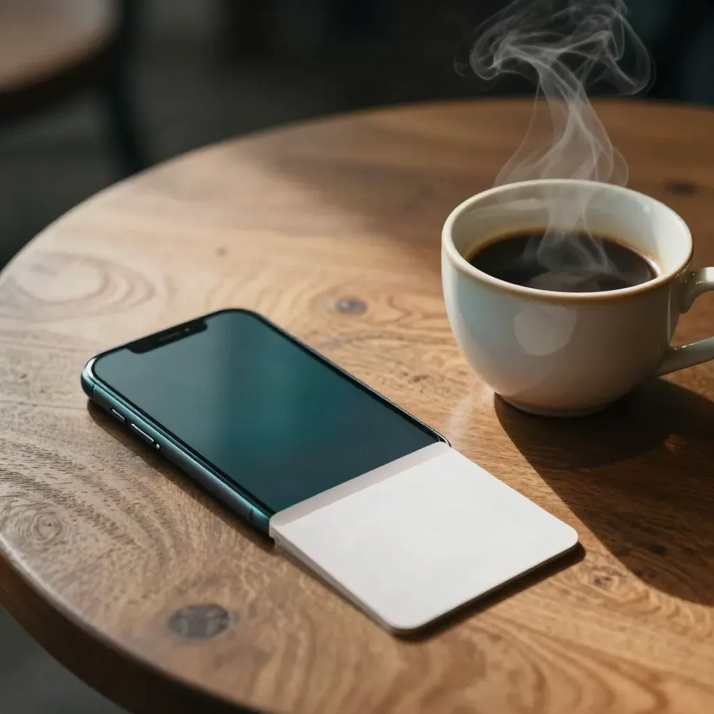 Smartfon, biała karta i ceramiczny kubek z kawą na stole w kawiarni, z parą w świetle