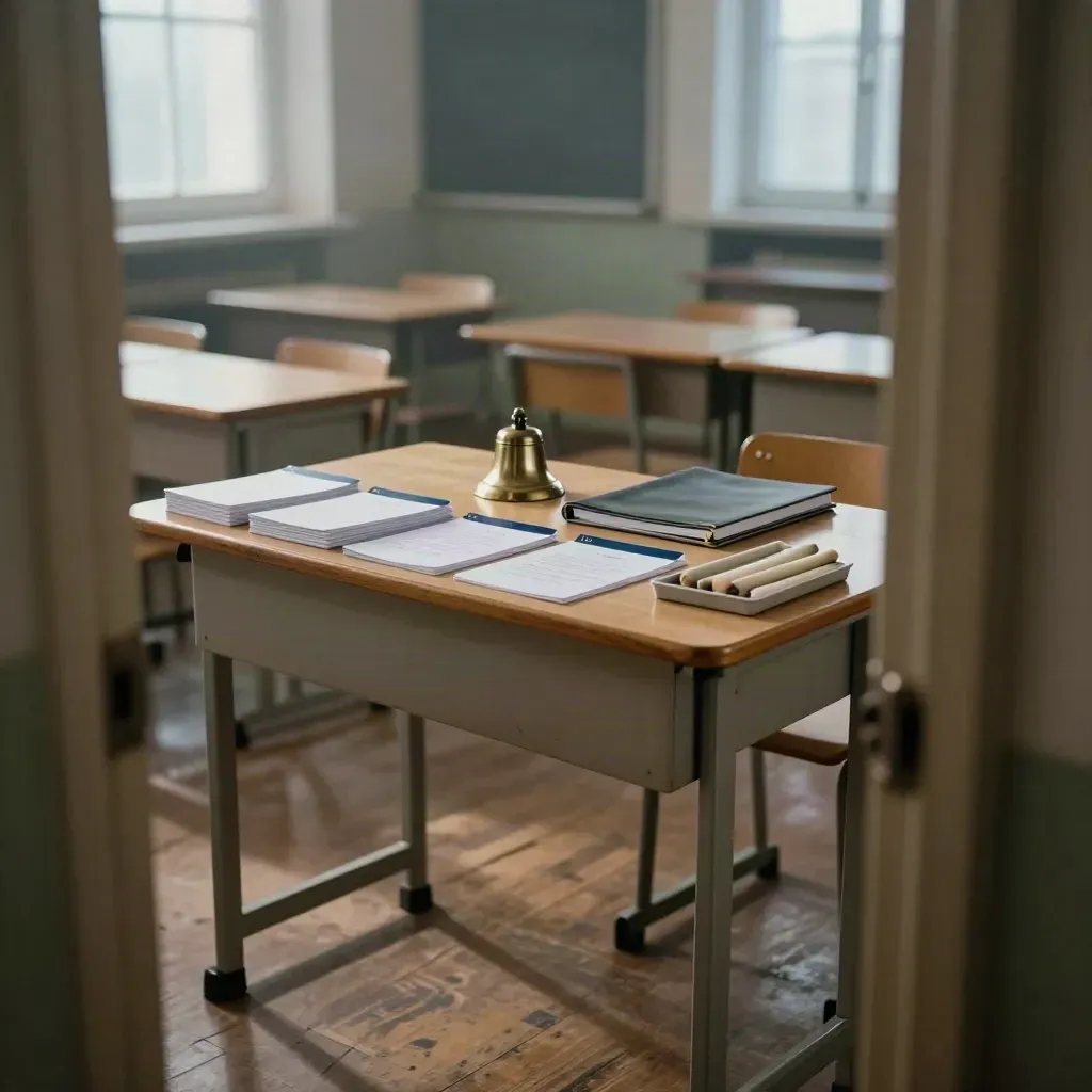 Pusta klasa z kartami lekcji, małym dzwonkiem i materiałami dla nauczyciela.