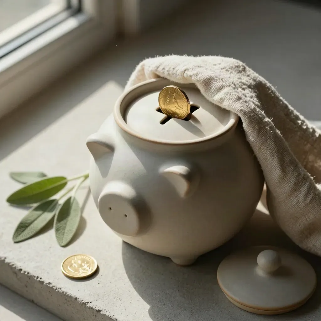 Ceramiczny słoik na oszczędności z monetą, lnem, gałązką rośliny i kamienną miseczką.
