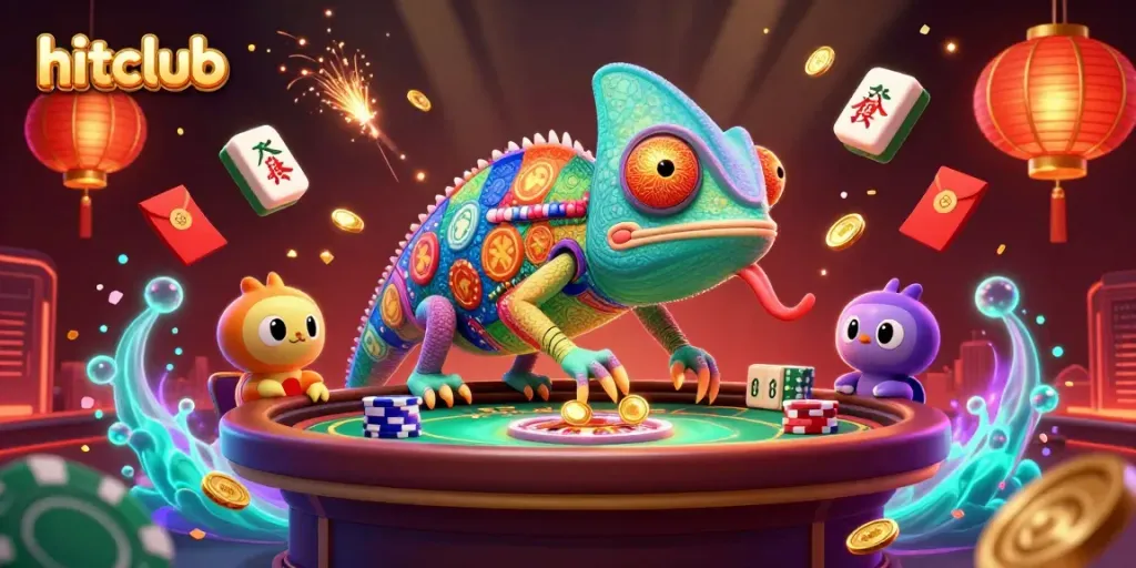 Experience the excitement of hitclub with cartoon characters amidst dazzling casino elements.