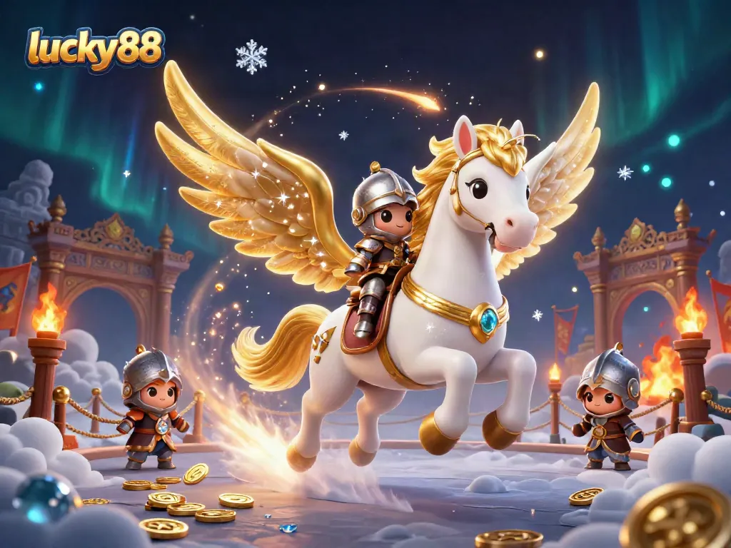 Experience the excitement of lucky88 in this rich casino scene with a celestial horse and knight.
