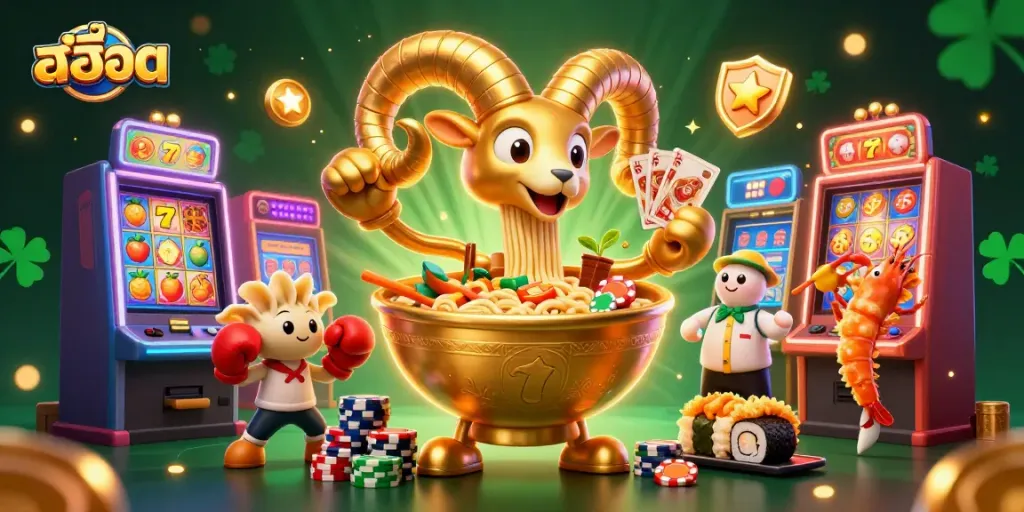 Spin the reels in excitement with สล็อต-themed 3D characters like a ramen bowl and sushi dealer lighting up the casino scene.