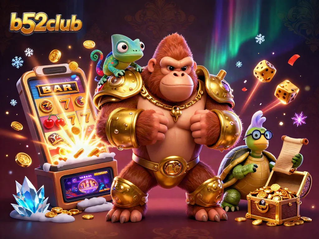 Experience the excitement of b52club with a vibrant casino scene featuring a gorilla king and treasure!