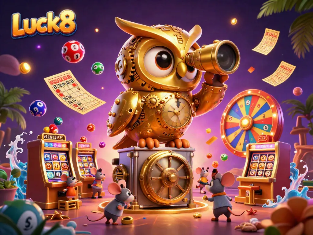Luck8 presents a lively casino scene with a golden owl overseeing playful games and vibrant elements.