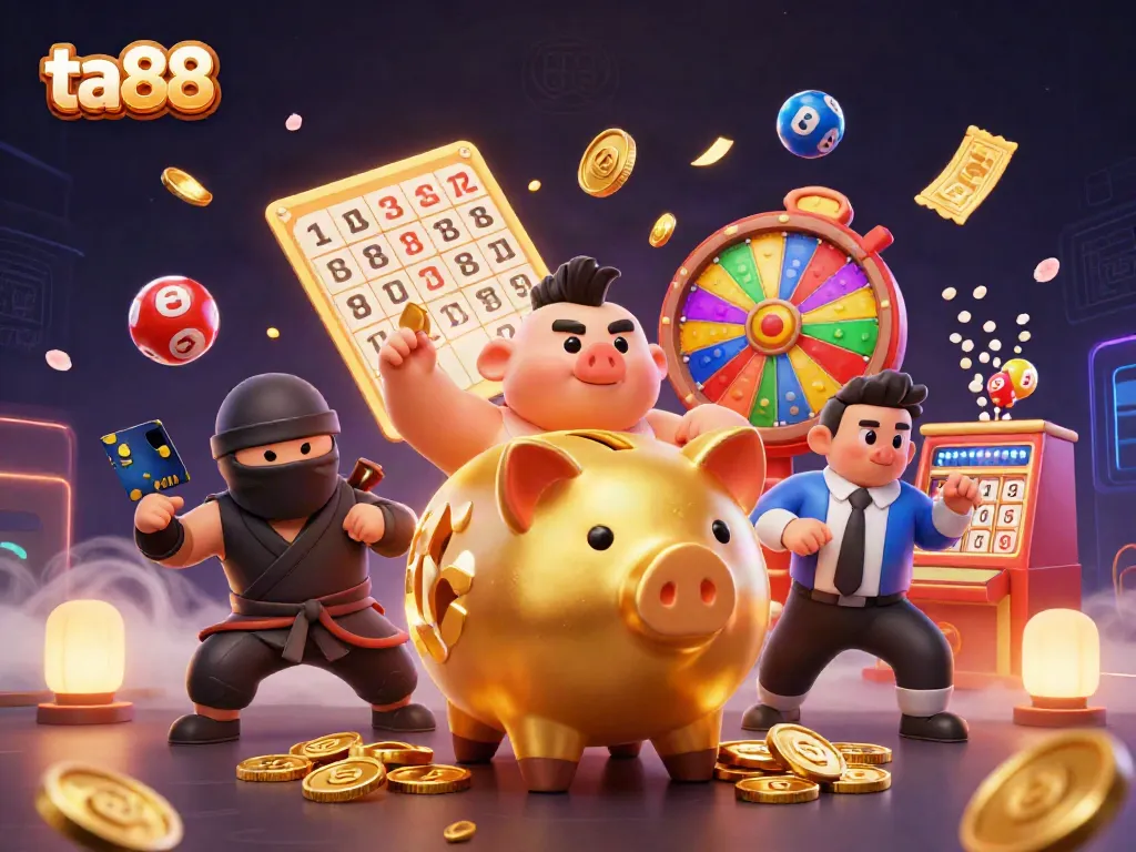 Experience the excitement at ta88 with vibrant lottery elements and dynamic characters in this lively casino scene.