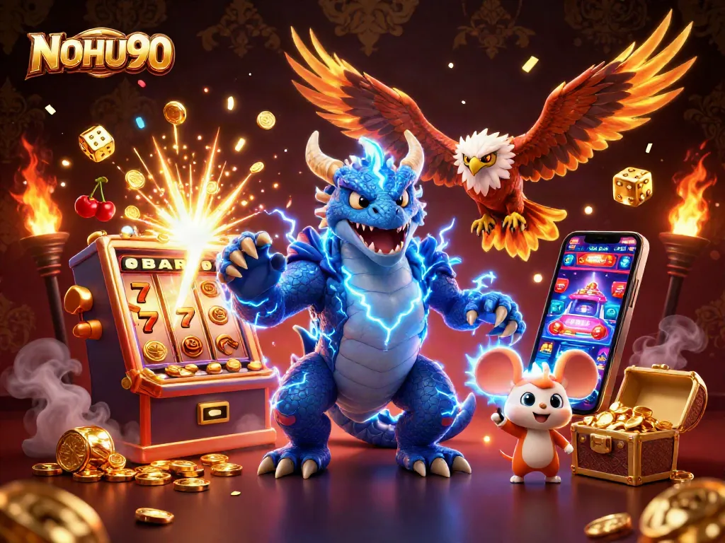 Engage with NOHU90's exciting gaming world, where vibrant slot machines and dynamic characters create thrilling experiences.