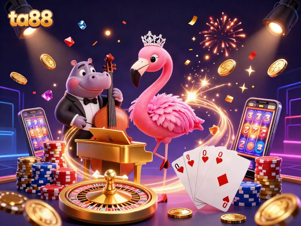 Experience the thrill of ta88 with vibrant casino elements, featuring a flamingo singer and hippo bassist.