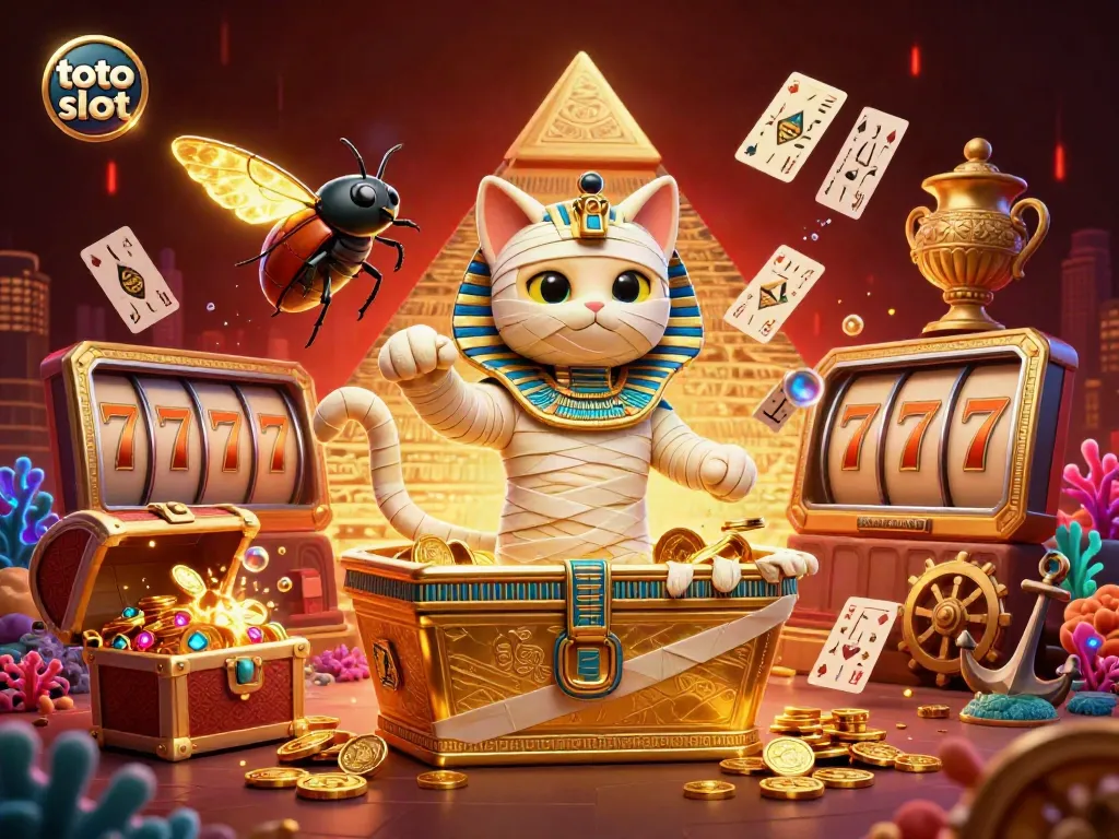 Discover thrilling winning opportunities with toto slot in a vibrant casino scene featuring a mummy cat and scarab beetle.