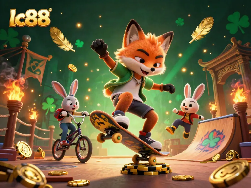 Experience thrilling action at lc88 with a fox and rabbit performing dynamic skateboarding tricks amidst casino-themed visuals.