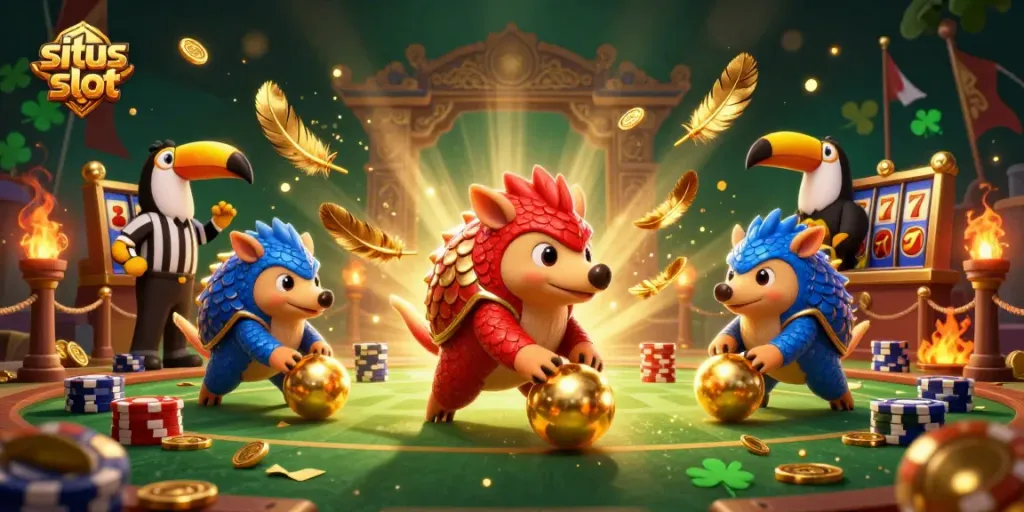 Rival pangolins bermain di situs slot dengan koin emas, mengasyikkan dan penuh aksi