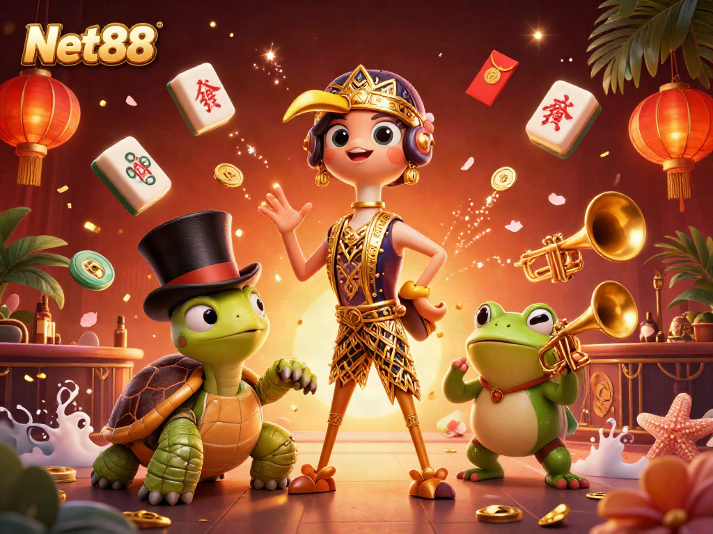 Engage in thrilling play at Net88 with vibrant casino elements and charismatic characters.