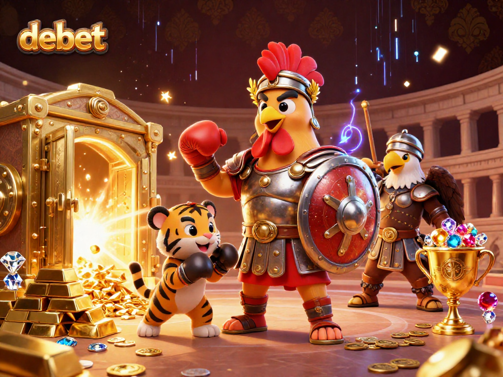 Engage with debet's thrilling casino action featuring gladiator rooster, gold treasures, and vibrant energy!