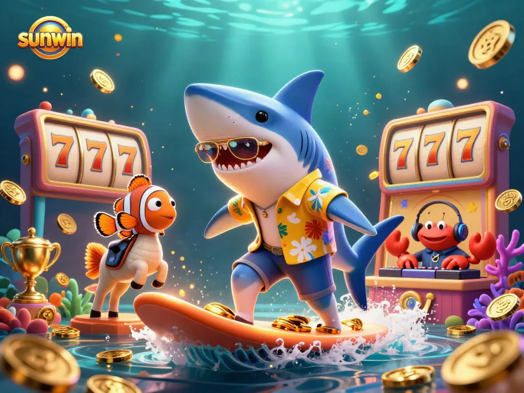 Experience winning with sunwin in this vibrant 3D casino illustration featuring exciting slot elements.