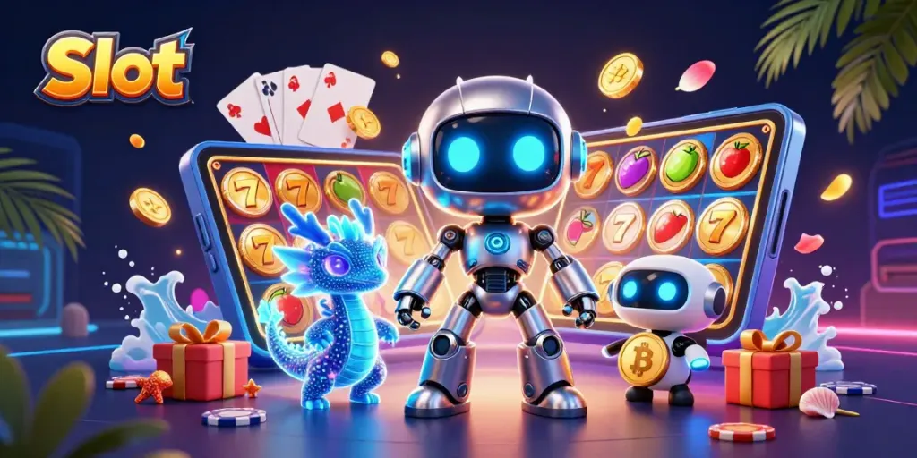Engage in thrilling Slot experiences with cartoon robots and vibrant slot game elements.